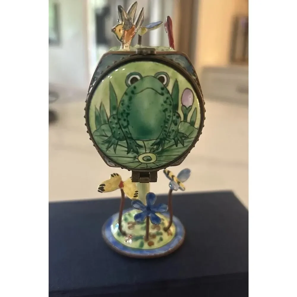 Vtg 2001 Kelvin Chen Box Frog Stamps Mailbox Lilly Pad Bird Bee Trinket Box Slot